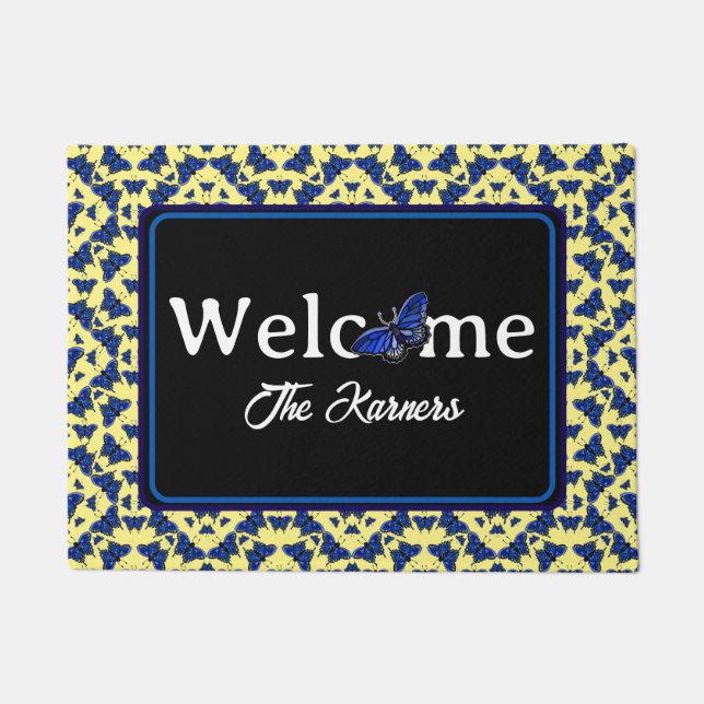 Blue Butterflies in Fun Playful Pattern on Yellow Doormat (Front)