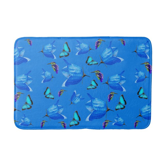 Blue Butterflies, Kingfishers, And Bell Flowers, Bath Mat (Front)