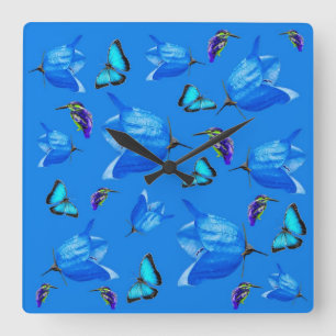 Blue Butterflies, Kingfishers, And Bell Flowers, Square Wall Clock