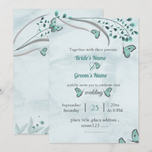 blue butterflies leaves floral wedding invitation