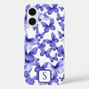 Blue Butterflies Modern Elegant Custom Monogram iPhone 16 Case