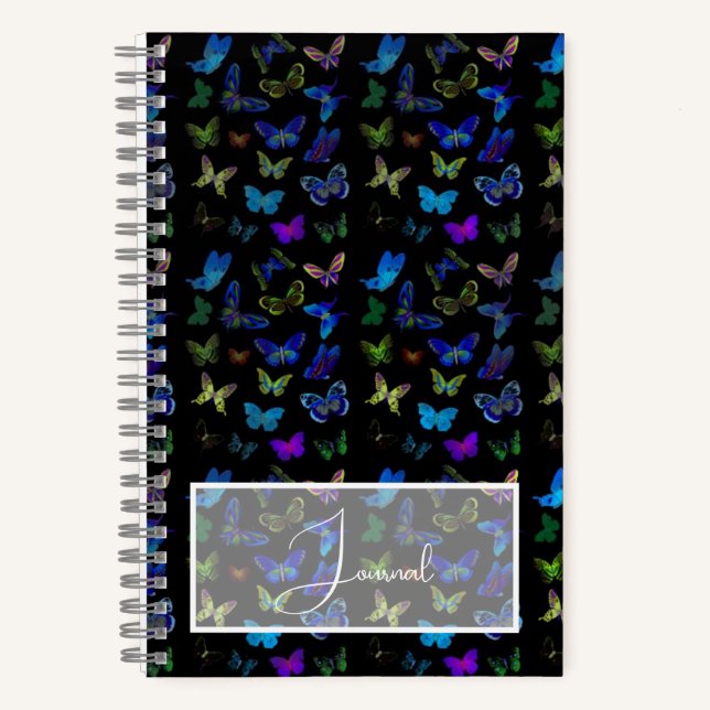 Blue butterflies on black journal (Front)
