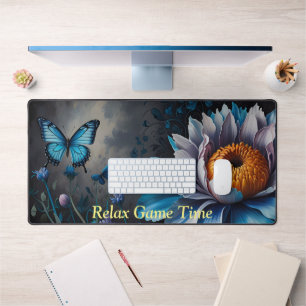 Blue Butterflies on Orange Bloom Desk Mat