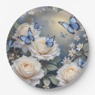 Blue Butterflies On White Roses and Daisies Paper Plate