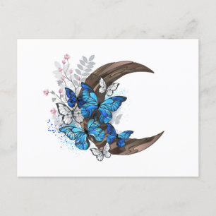 Blue butterflies on wooden crescent announcement postcard