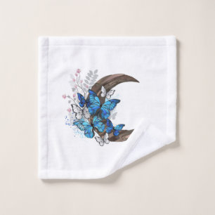 Blue butterflies on wooden crescent bath towel set