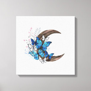 Blue butterflies on wooden crescent canvas print
