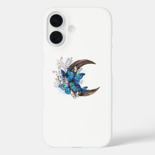 Blue butterflies on wooden crescent iPhone 16 case