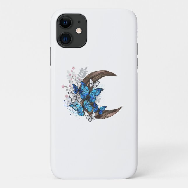 Blue butterflies on wooden crescent Case-Mate iPhone case (Back)