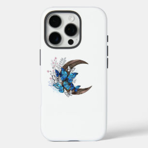 Blue butterflies on wooden crescent iPhone 16 pro case