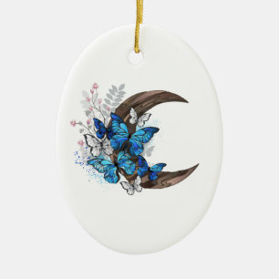 Blue butterflies on wooden crescent ceramic tree decoration