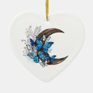 Blue butterflies on wooden crescent ceramic tree decoration
