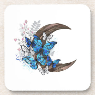 Blue butterflies on wooden crescent coaster
