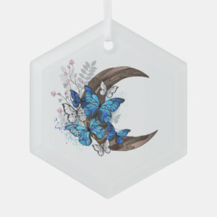 Blue butterflies on wooden crescent glass tree decoration