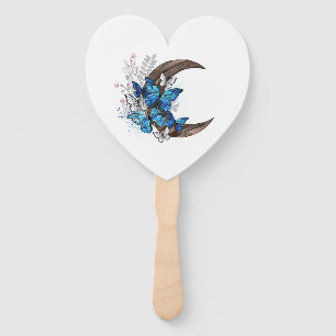 Blue butterflies on wooden crescent hand fan