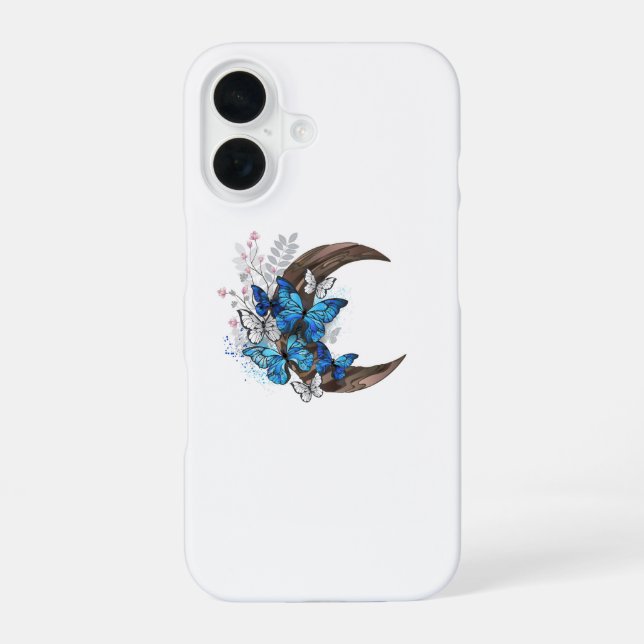 Blue butterflies on wooden crescent iPhone 16 case (Back)