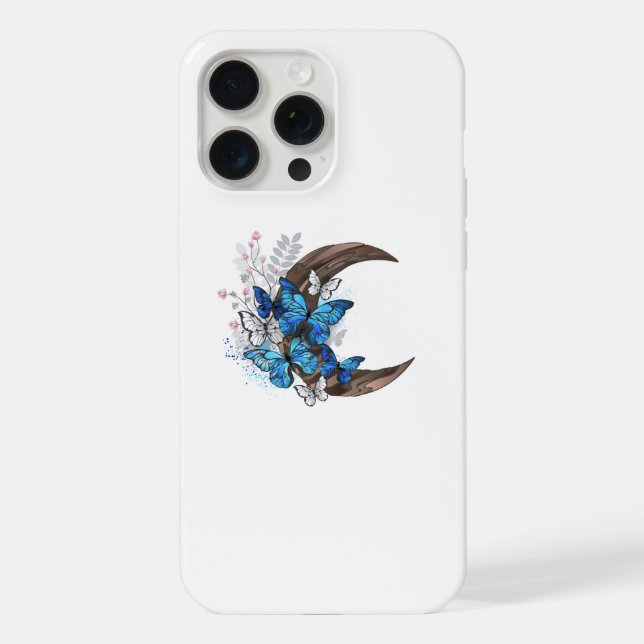 Blue butterflies on wooden crescent iPhone case (Back)