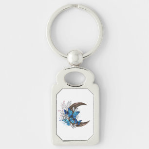 Blue butterflies on wooden crescent key ring