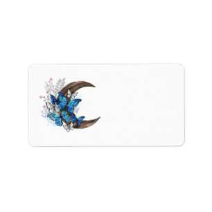 Blue butterflies on wooden crescent label