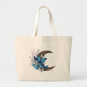 Blue butterflies on wooden crescent large tote bag