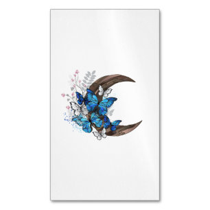 Blue butterflies on wooden crescent magnetic business card
