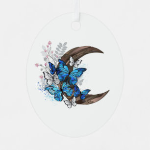Blue butterflies on wooden crescent metal tree decoration