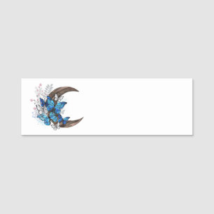 Blue butterflies on wooden crescent name tag