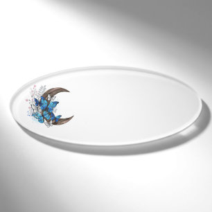 Blue butterflies on wooden crescent name tag