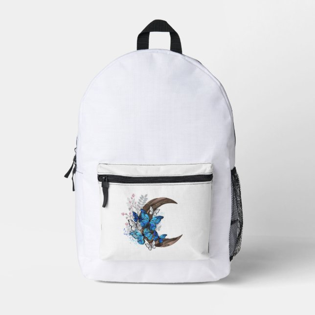 Blue butterflies on wooden crescent printed backpack (Front)