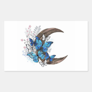 Blue butterflies on wooden crescent rectangular sticker