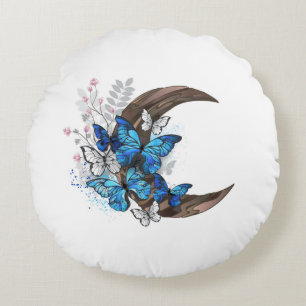 Blue butterflies on wooden crescent round cushion
