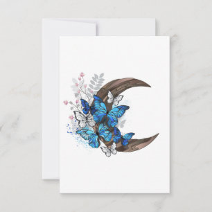 Blue butterflies on wooden crescent save the date