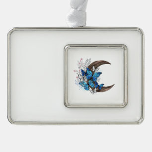 Blue butterflies on wooden crescent silver plated framed ornament