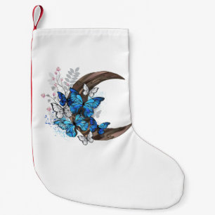 Blue butterflies on wooden crescent small christmas stocking