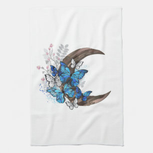 Blue butterflies on wooden crescent tea towel