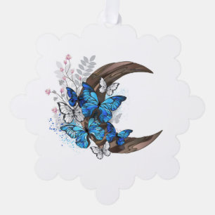 Blue butterflies on wooden crescent tree decoration card