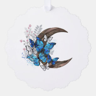 Blue butterflies on wooden crescent tree decoration card