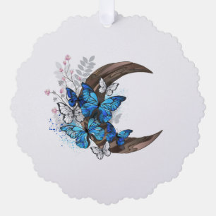 Blue butterflies on wooden crescent tree decoration card