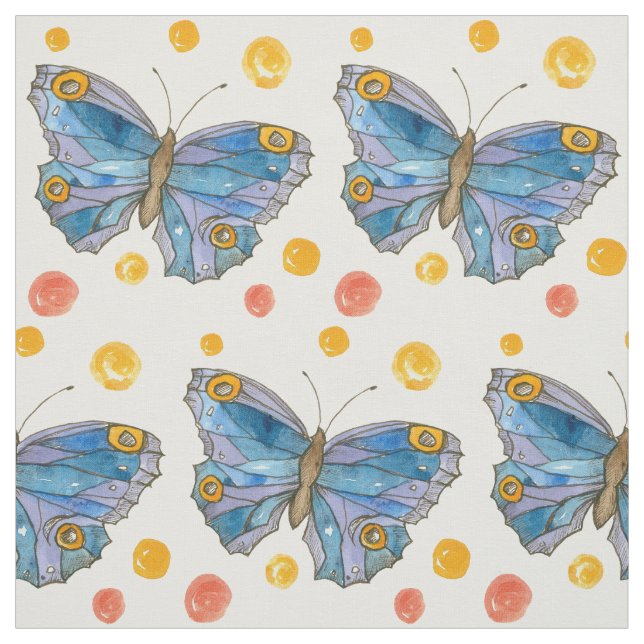 Blue Butterflies Orange Polka Dots Watercolor Art Fabric (Swatch)