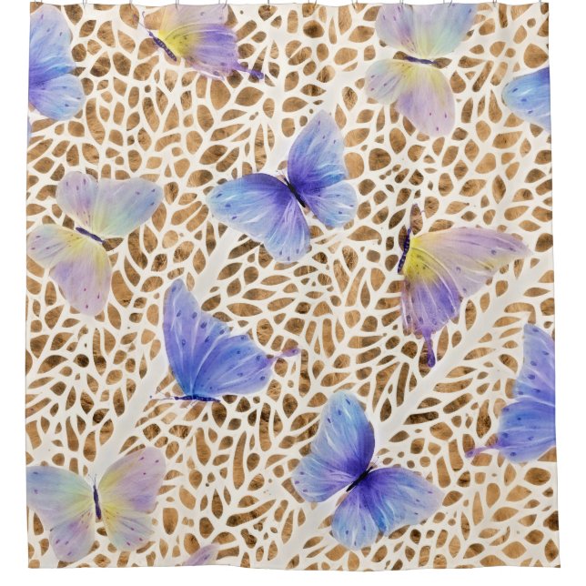 Blue Butterflies Organic Brown Animal Pattern Shower Curtain (Front)