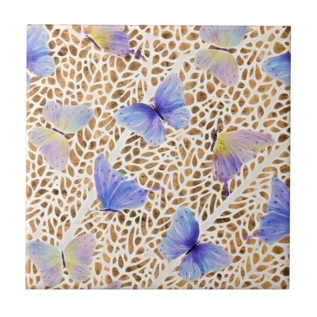 Blue Butterflies Organic Brown Animal Pattern Tile (Front)