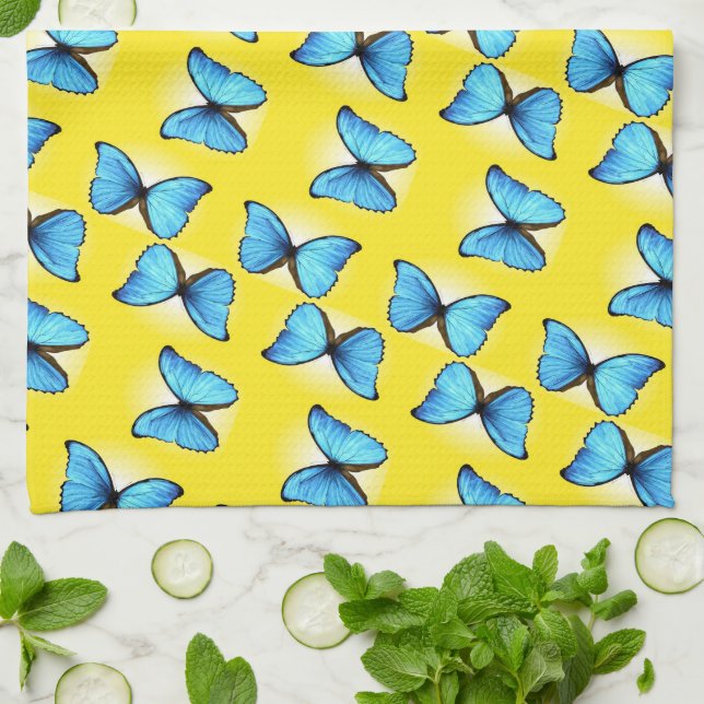 Blue butterflies pattern on yellow tea towel (Folded)