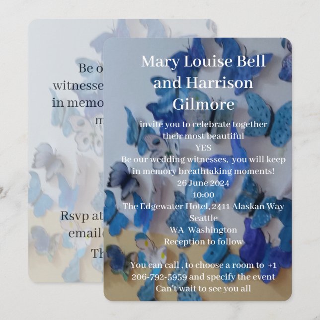 Blue Butterflies Photo 2 Sides Wedding Invitation (Front/Back)