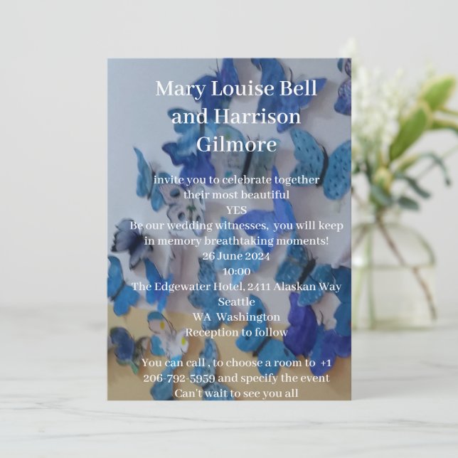 Blue Butterflies Photo Wedding Invitation (Standing Front)