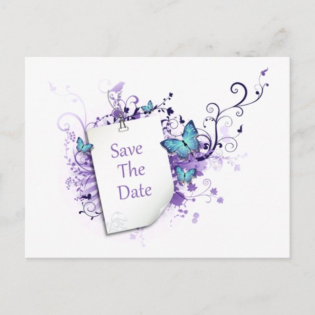 Blue Butterflies Purple Swirls Save The Date Announcement Postcard (Front)