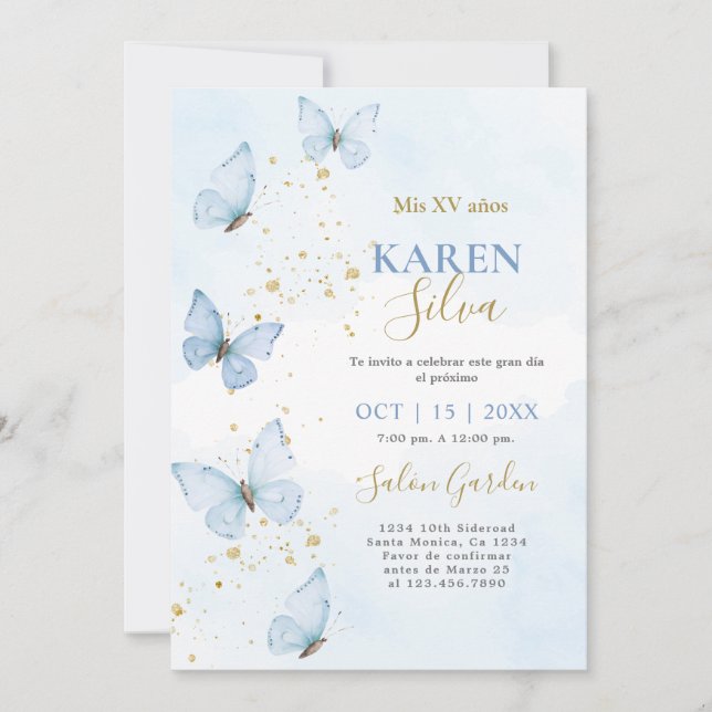 Blue Butterflies Quinceañera Invitation (Front)