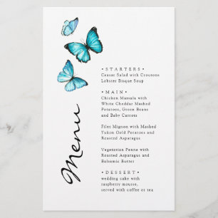 Blue butterflies. Stylish modern wedding menu