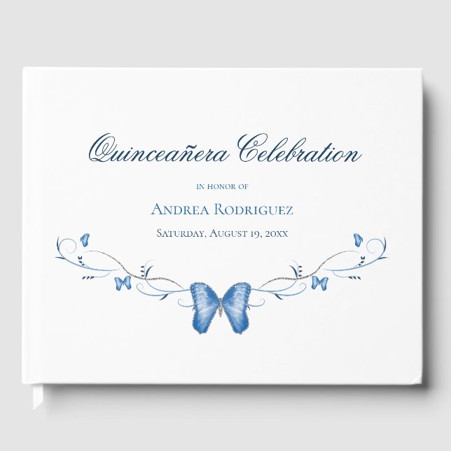 Blue Butterflies & Swirls Quinceañera Guest Book (Front)