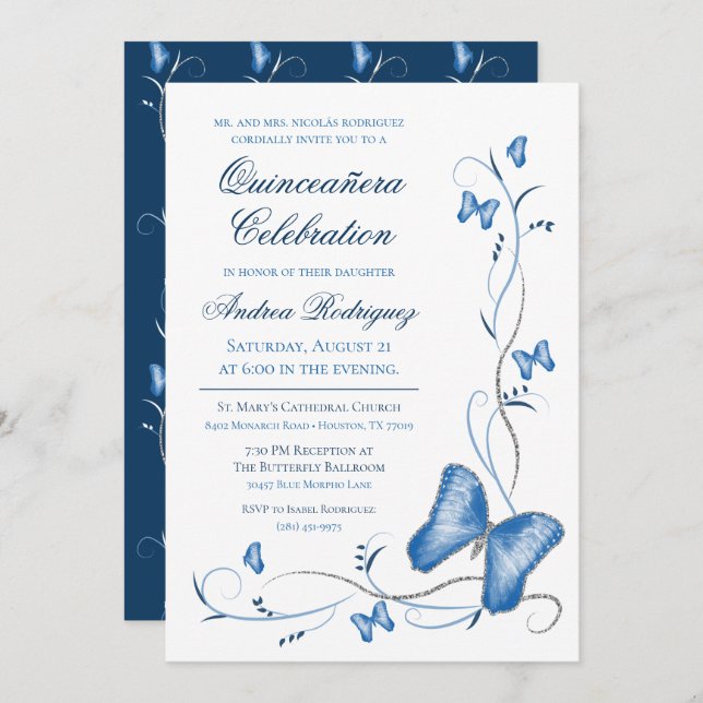 Blue Butterflies & Swirls Quinceanera Invitation (Front/Back)