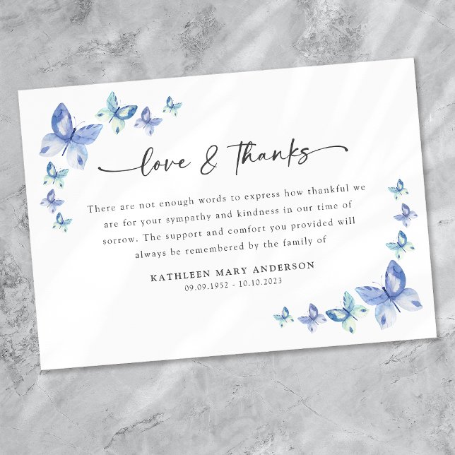Blue Butterflies Sympathy Funeral  Thank You Card (Creator Uploaded)